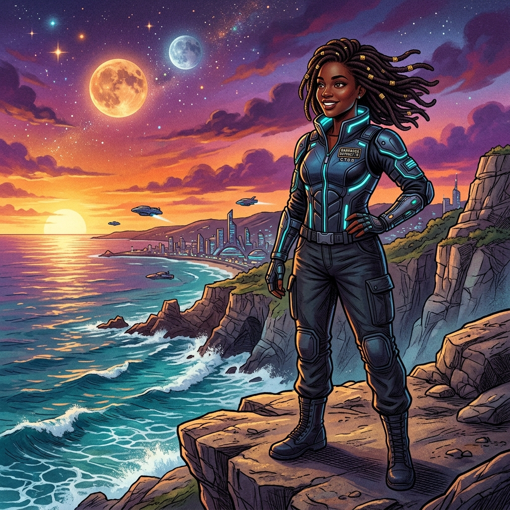 Anaiya in Retro Sci-Fi Style on the Barbados Coast