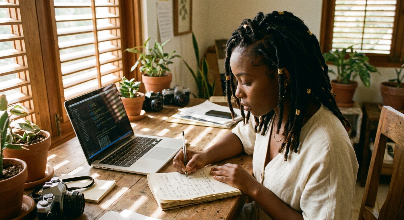Anaiya verifying cryptographic provenance signatures while drafting at the studio desk in Barbados